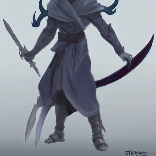 Prompt: D&D character concept art of a cloaked tiefling, tiefling rogue, blue skin color with short horns and a devil tail, fighting pose of a Rogue holding daggers, black cloak hidden in shadows, full body pose, soft colors, fantasy, intricate, elegant, highly detailed, digital painting, artstation, concept art, smooth, sharp focus, illustration, wide angle shot, full body visible, art by artgerm and H R Giger and alphonse mucha
