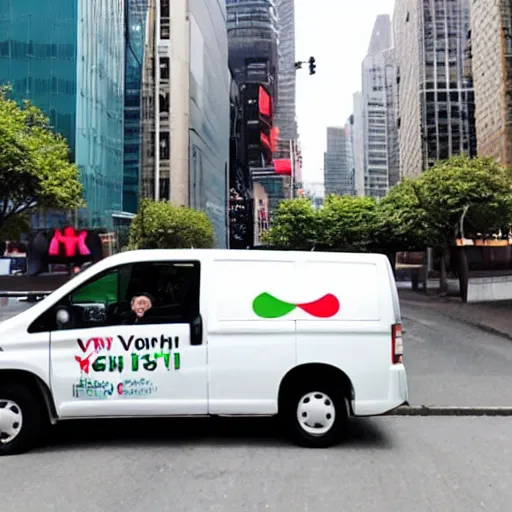 Prompt: yoshi running from van on city streets