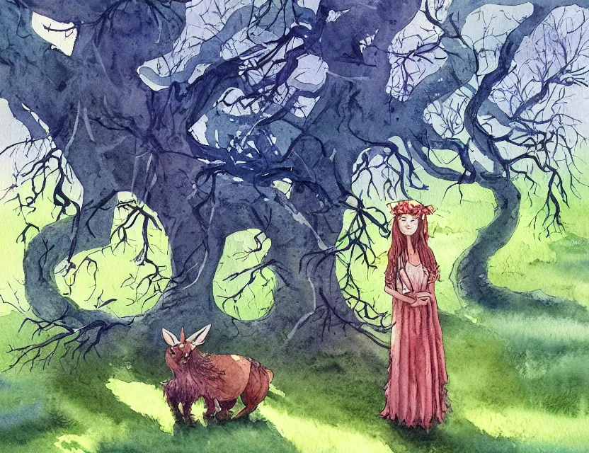 Image similar to lost forest spirit in an orchard. this watercolor painting by the award - winning comic artist has dramatic lighting, an interesting color scheme and great sense of depth.