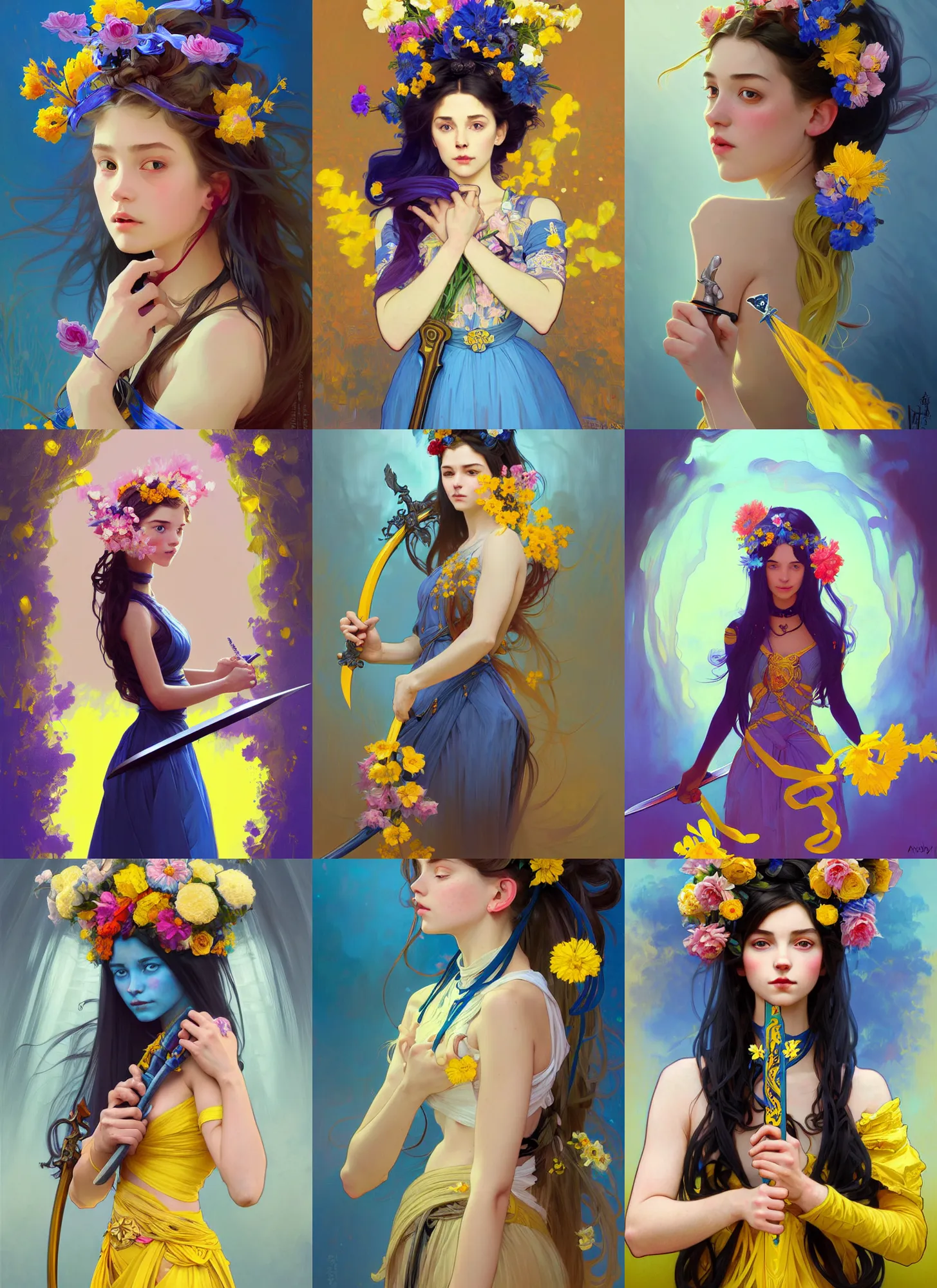 Prompt: painting, character conceptual portrait of a girl with flowers in her hair and a sword in her hands, blue and yellow ribbons, black dress, fire, beautiful, voluminous, complex, elegant, highly detailed, digital painting, artstation, concept art, symmetry, smooth, sharp focus, illustration, art by mandy jurgens, alphonse mucha and alena aenami