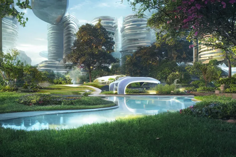 Image similar to serene garden with pool and rounded futuristic housing in the background, hyper realistic, ambient lighting, concept art, intricate, hyper detailed, smooth, dynamic volumetric lighting, octane, raytrace, cinematic, high quality, high resolution, 4 k, cgsociety, rutkowski, gurney