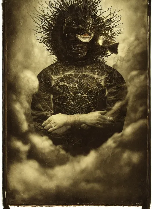 Prompt: old wetplate daguerreotype portrait of the birth of a masked dangerous super villain, explosion of data fragments, fractal, intricate, elegant, highly detailed, parallax, leica, medium format, subsurface scattering, by jheronimus bosch and greg rutkowski and louis jacques mande daguerre