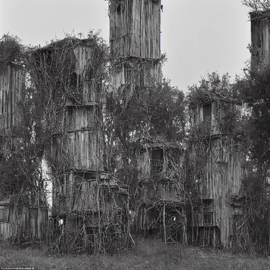 Prompt: two organic - looking towers, made up of makeshift squatter shacks, misty, dystopia, mamiya rb 6 7, fully frontal view, very detailed, photographed by ansel adams