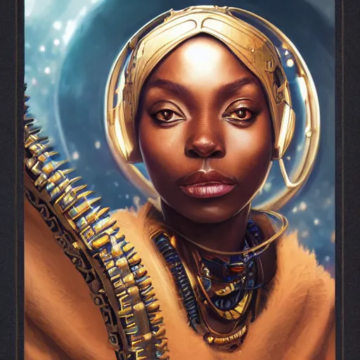 Image similar to african steampunk alchemist, science fiction, highly detailed, digital painting, beautiful eyes, symmetry, concept art, sharp focus, illustration, global illumination, radiant light, detailed and intricate environment, art by artgerm and greg rutkowski and magali villeneuve and ilya kuvshinov!