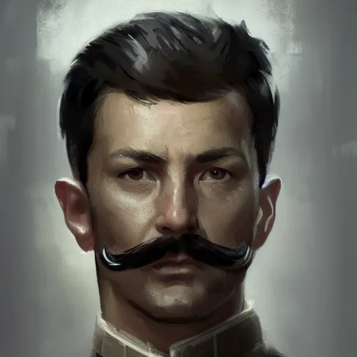 Prompt: portrait of a man by greg rutkowski, british features, short black hair in military style, moustache, perfect military composure, wearing gray imperial captain uniform, star wars expanded universe, he is about 4 0 years old, highly detailed portrait, digital painting, artstation, concept art, smooth, sharp foccus ilustration, artstation hq