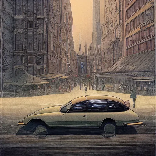 Image similar to a man standing next to a huge car in city, people walking, reflections on wet streets, dieselpunk style, steampunk, art by jean giraud and moebius ; architecture by francois schuiten, beautiful illustration, drawing, painting, clean lines, digital art, symmetric, colorful retrofutur, artstation