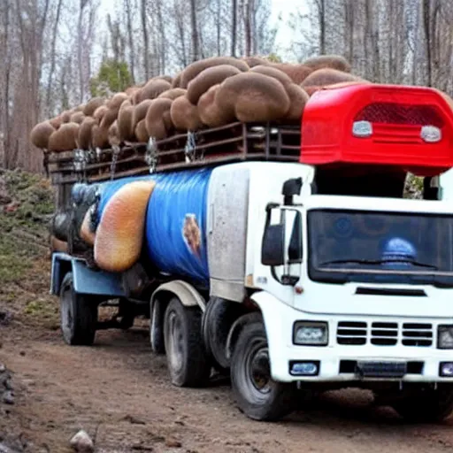 Image similar to dwarf trucker carries mushrooms on a Kamaz truck