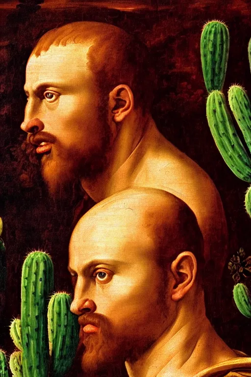 Prompt: renaissance painting of evil men, portrait, angry face closeup, emotions closeup, dressed in spartan armour, the beautiful garden with cactus bush everywhere, ultra detailed, art by guido reni style, vincenzo catena style