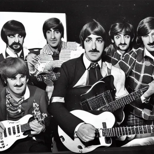 Image similar to Mario Bros playing the guitar with the Beatles Band