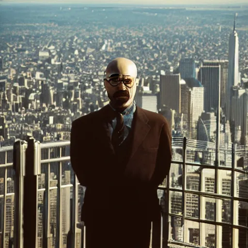 Image similar to walter white from back sitting on chair standing on top of the empire state building strong stance photo by annie leibovitz 8 0 mm lens bokeh