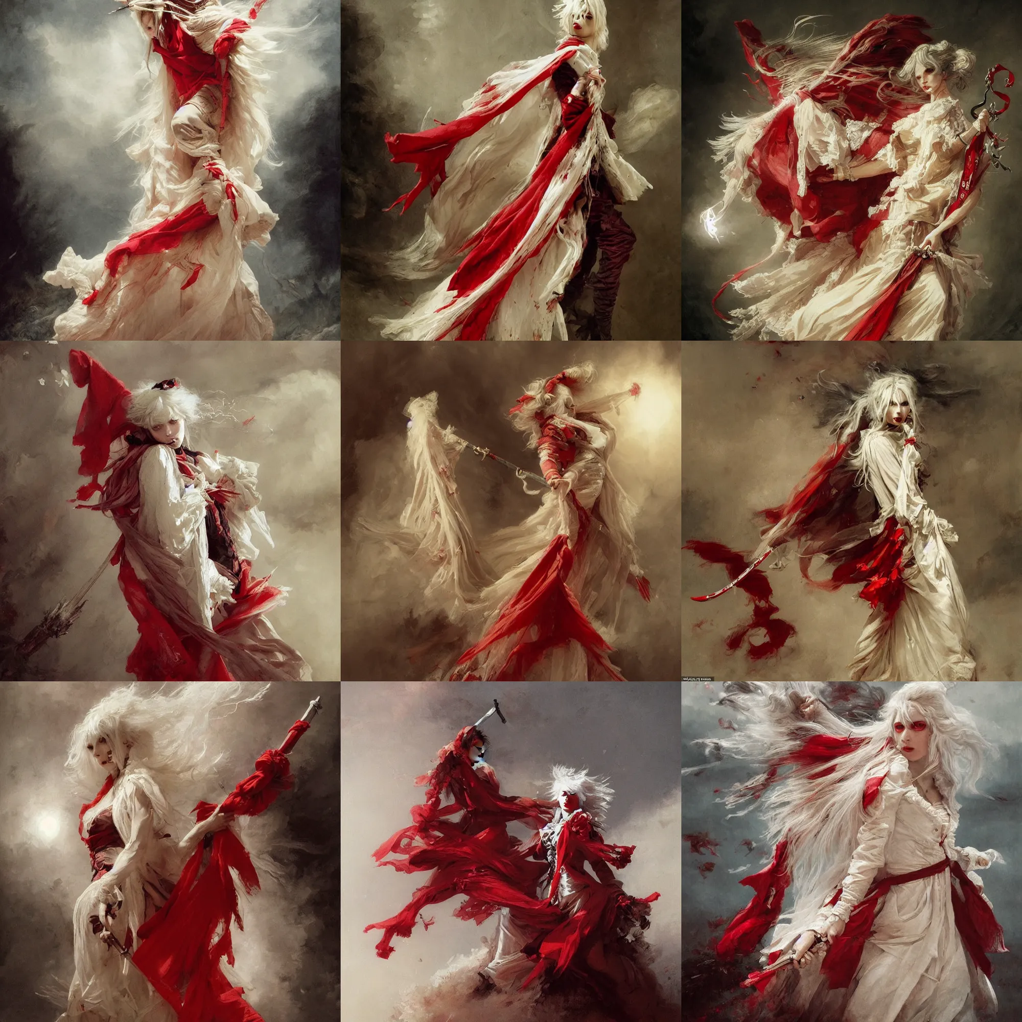 Prompt: a vampire with long light white hair and a red scarf, windy, ribbons, melancholic, modern maximalist fashion dress of different colors, is ( ( holding a sword ) ). light dust, magnificent, hyperdetailed, theatrical, painted by jean honore fragonard and greg rutkowski