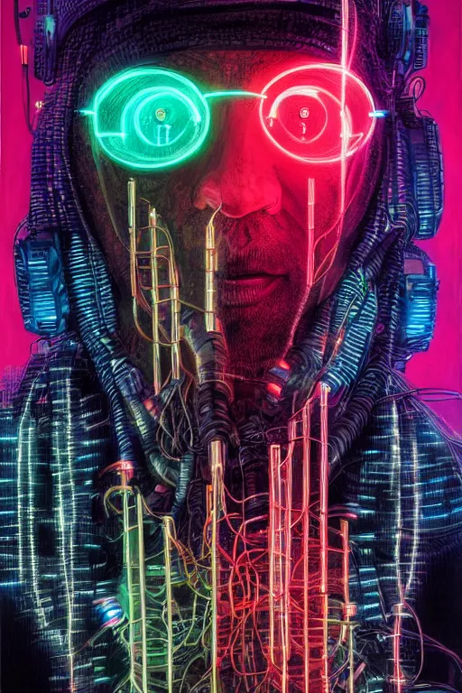 Image similar to stunning highly detailed portrait of a neuromancer hacker with cyber headgear surrounded by wires, neon colors, oil on canvas, strong lighting, by Glenn Fabry, HD, 4K