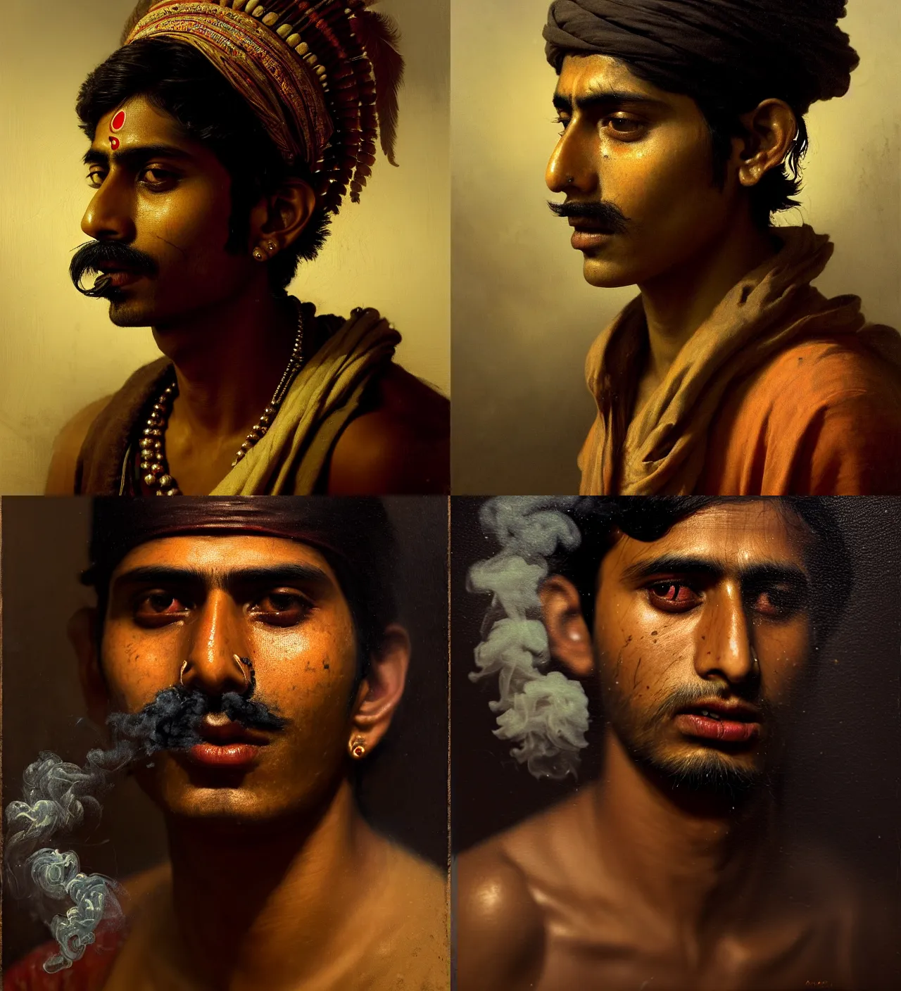 Prompt: a beautiful cinematic masterpiece classical headshot closeup portrait of a modern stoner indian boy in 2 1 st century suburban indian town, surrounded in smoke, stoned, tripping, centered, head only, by willem claesz. heda, by greg rutkowski, oil on canvas, ornate, suburban, brilliant cold lighting, detailed, no frames, 8 k