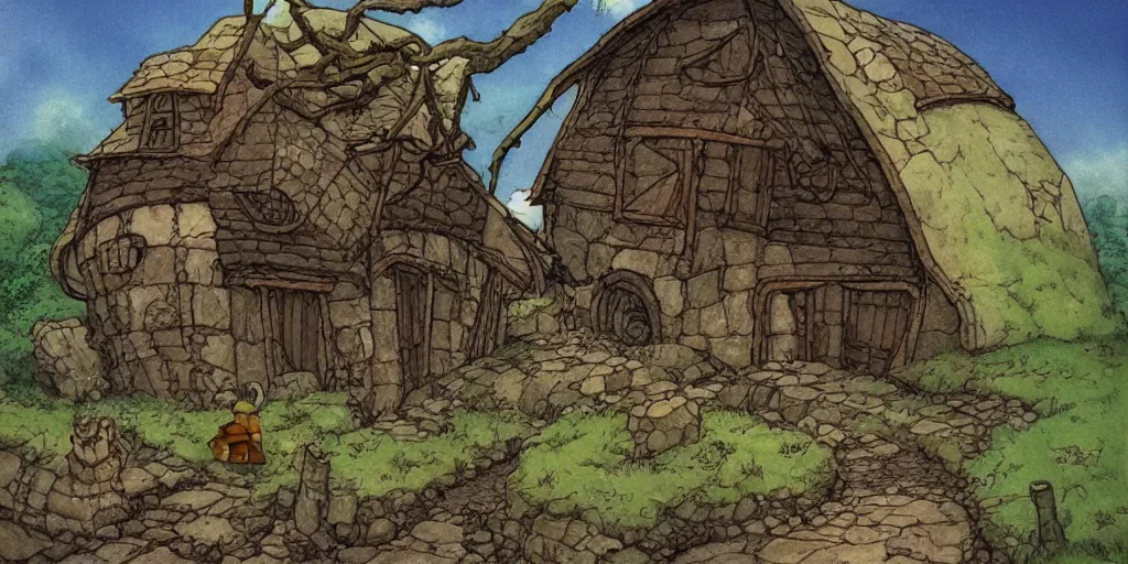 Prompt: house, barn, golem. fable haven by hayao miyazaki : : house, barn, golem