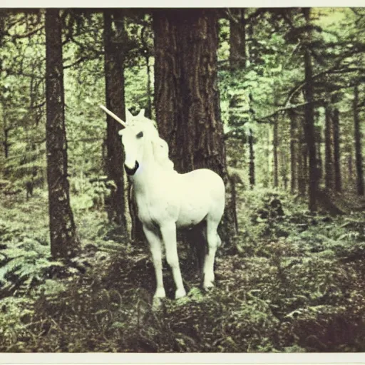 Image similar to polaroid photo of a unicorn! in a forest in the 1 9 6 0 s