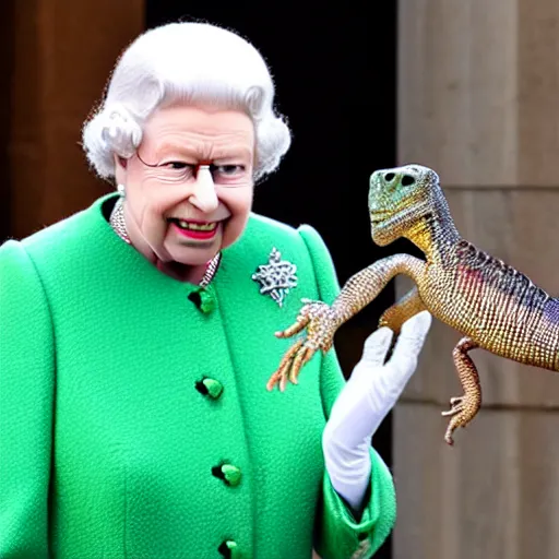 Image similar to queen elizabeth 2 nd half human half lizard