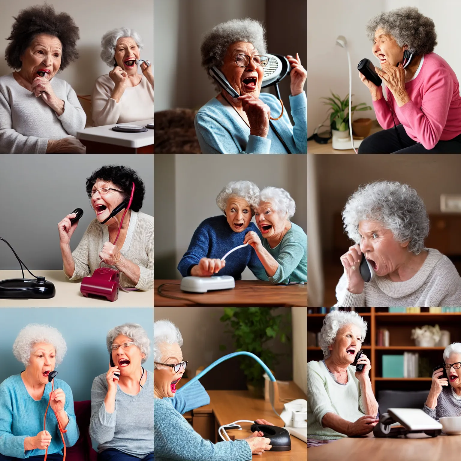 Prompt: old ladies shouting into a landline telephone receiver, spiral cord, good light