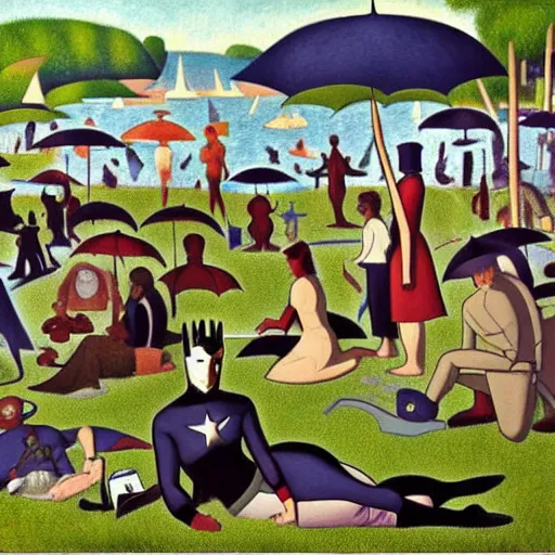 Prompt: avengers characters in a sunday afternoon on the island of la grande jatte