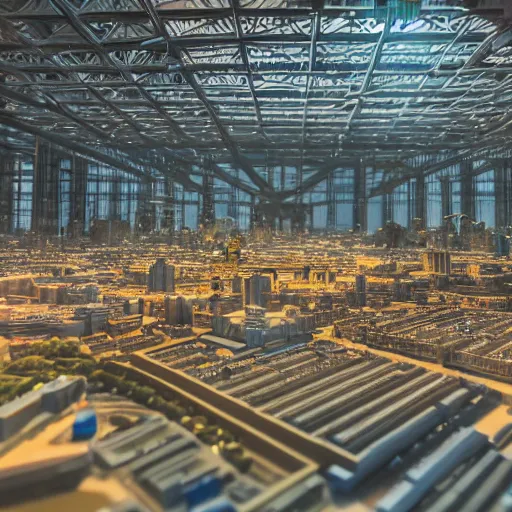 Image similar to crane shot of large group people in open warehouse, looking at hologram of futuristic city on a table, cinematic still, godrays, golden hour, natural sunlight, 4 k, clear details, tabletop model buildings, tabletop model, ethereal hologram center, crane shot, crane shot, gathering