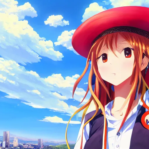 Image similar to closeup of an Anime girl wearing a colombian hat with the city of Armenia Quindio in the background, Artwork by Makoto Shinkai, official media, 8k, wallpaper, high definition, wallpaper, hd, digital artwork