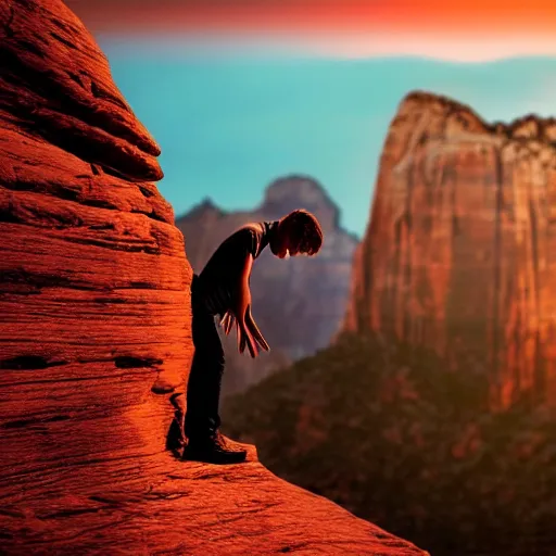 Prompt: award winning cinematic still of teenager boy praying in zion national park, rock formations, colorful sunset, epic, cinematic lighting, dramatic angle, heartwarming drama directed by Steven Spielberg, highly detailed concept art, wallpaper