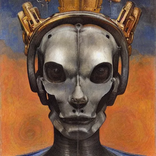 Image similar to the robot wearing the bone crown, by Annie Swynnerton and Diego Rivera , symbolist, dramatic lighting, elaborate geometric ornament, Art Brut, soft cool colors,smooth, sharp focus, extremely detailed, Adolf Wölfli and (Donato Giancola)