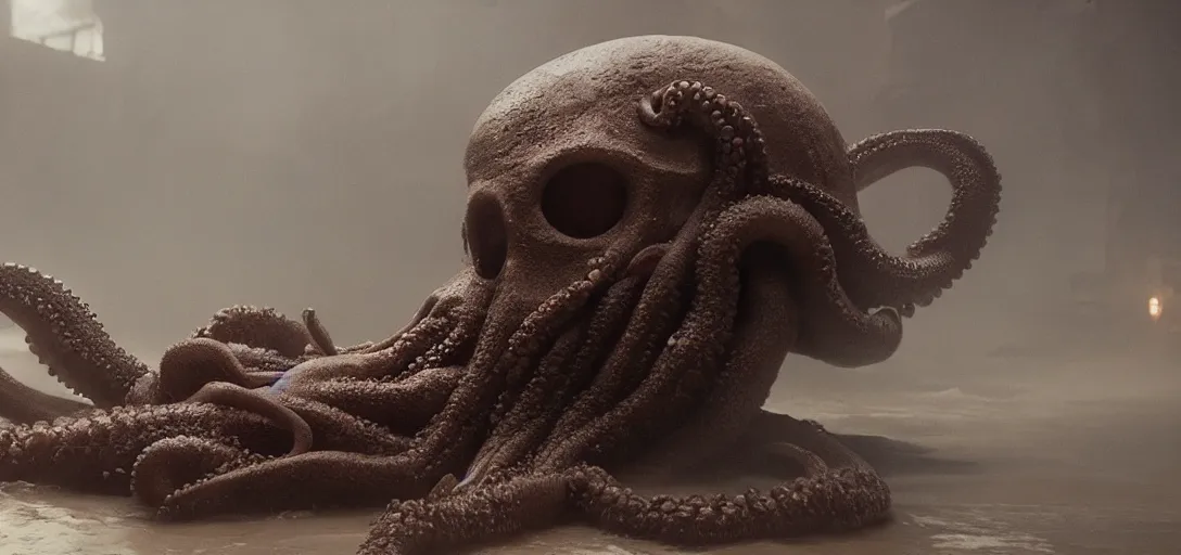 Prompt: an [ octopus ] in the shape of a [ skull ], [ foggy ], [ [ cinematic ] ] shot, photo still from movie by denis villeneuve, wayne barlowe