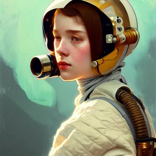 Image similar to A portrait of a girl wearing a vintage sci-fi astronaut helmet and holding a blaster, face, intricate, elegant, highly detailed, digital painting, artstation, concept art, smooth, sharp focus, illustration, art by Krenz Cushart and Artem Demura and alphonse mucha