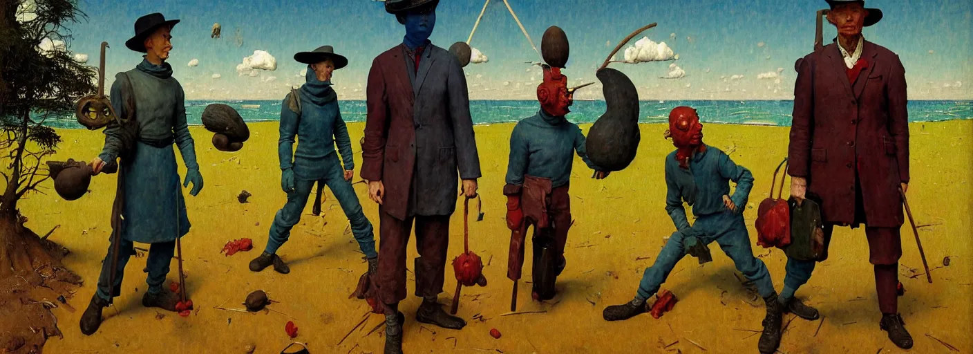Prompt: full - body portrait surreal colorful clay fighting artstation rpg gentleman character concept art anatomy, action pose, very coherent and colorful high contrast masterpiece by norman rockwell franz sedlacek hieronymus bosch dean ellis simon stalenhag rene magritte gediminas pranckevicius, dark shadows, sunny day, hard lighting, reference sheet white! background