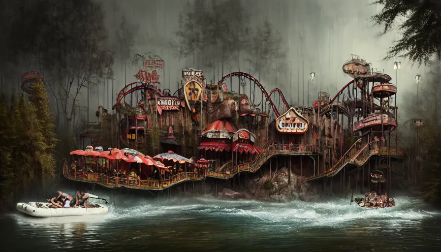 Image similar to michal karcz grunge painting of an amusement park, monster and horror theme. Monster-themed Grizzly River Run. A raft is spinning very fast. A detailed, elegant, intricate, 4k,