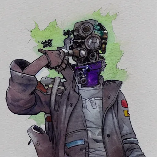 Image similar to watercolor of a cyberpunk mechanic in the style of Ashley Wood and Moebius