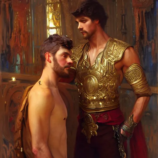 Image similar to attractive fully clothed king confesses his love for his attractive fully clothed male prince. highly detailed painting by gaston bussiere, craig mullins, j. c. leyendecker 8 k