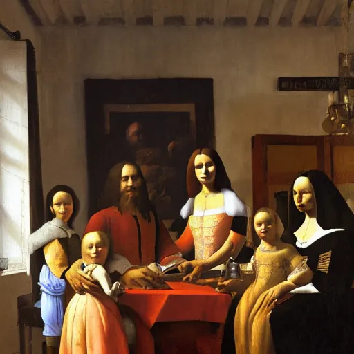 Prompt: a modern family portrait, dmitry spiros, leonardo da vinci, jacques - louis david, johannes vermeer, 8 k, wide angle, trending on artstation,