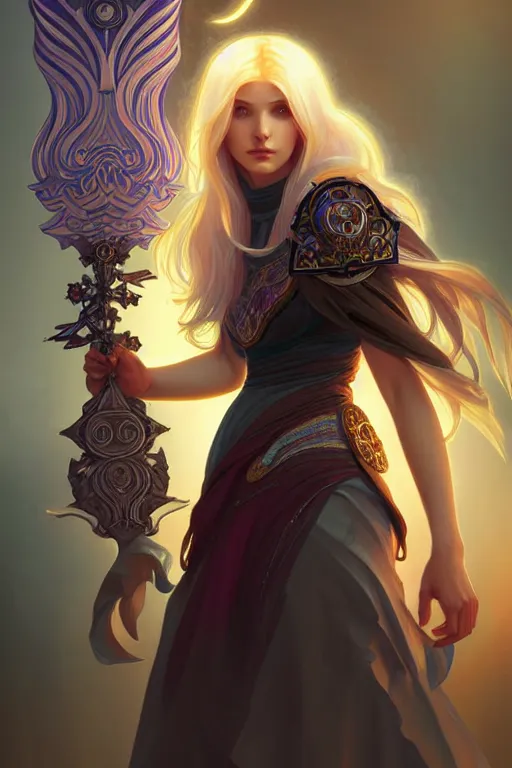 Prompt: beautiful casual aasimar warlock portrait, highly detailed, digital painting, artstation, sharp focus, illustration, art by tan zi and ayanamikodon and alphonse mucha and wlop
