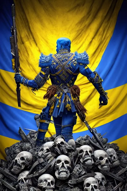 Image similar to a distant shot from behind of a Ukrainian super soldier with blue and yellow flag behind him standing alone on a huge pile of skulls as a winner, masculine muscular figure, D&D, fantasy, intricate, elegant, highly detailed, extremely detailed, digital painting, artstation, concept art, matte, smooth, sharp focus, symmetrical, illustration, art by Artgerm and Greg Rutkowski and Alphonse Mucha