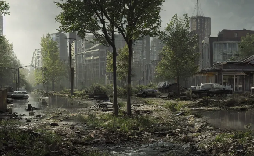 Prompt: rotterdam reclaimed by nature, a photorealistic painting by gregory crewdson, cgsociety, playstation 5 screenshot, matte painting, cryengine