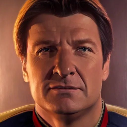 Image similar to A portrait of Nathan Fillion in a starfleet uniform, highly detailed photorealistic, unreal 5, hugh definition, 8k, deviantart, donato giancola, oil painting