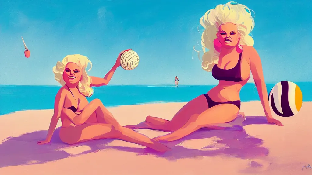 Image similar to portrait of trisha paytas, elegant, intricant, beach, volleyball, and icecream, by anton fadeev