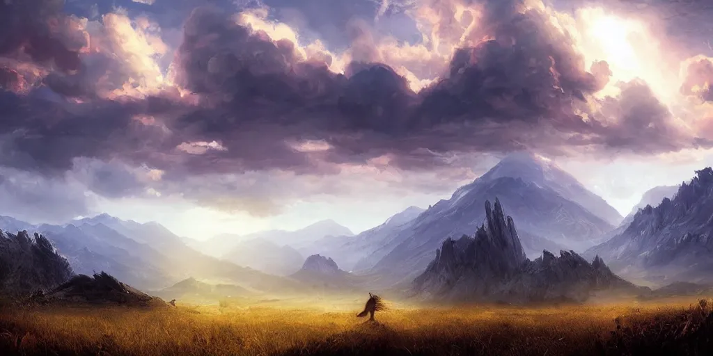 Image similar to a cinematic landscape view looking at an open field with a dragon flying above, mountains in the distance, the sun shines through the parted clouds, digital painting, fantasy, art by alexandre mahboubi and christophe oliver