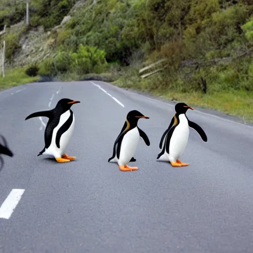 Image similar to penguins in bandanas walking across the road