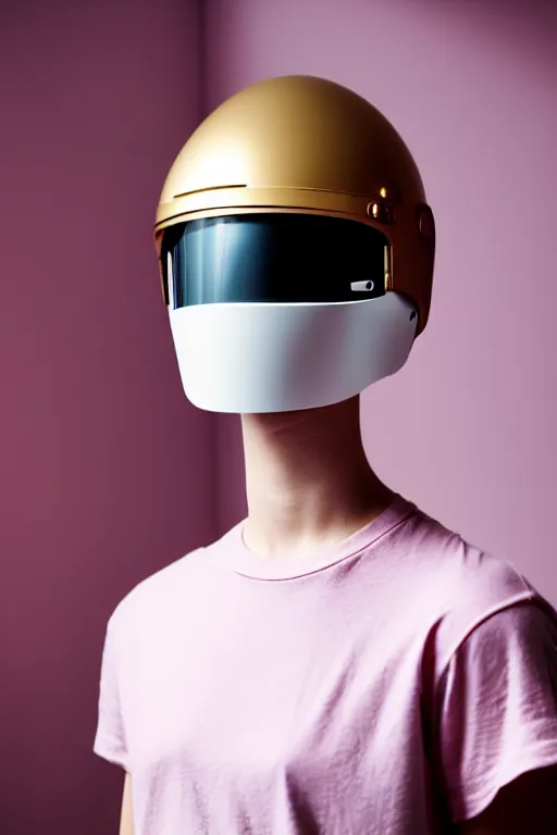 Prompt: a high definition film photograph of a normal androgynous robot human wearing a plain white t - shirt, in a pastel pink room. happy. metal visor covering eyes. metallic reflective gold coloured helmet. crushed shadows.
