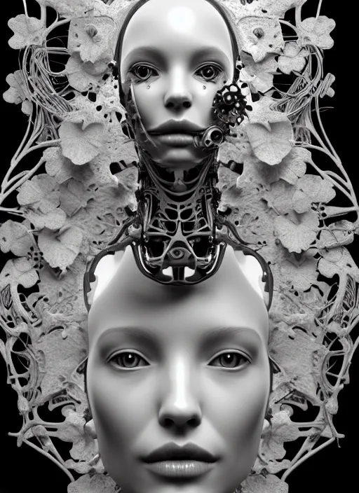 Prompt: monochrome 3 d model, biomechanical young female cyborg with porcelain profile face and a big floral eye, big leaves foliage and stems, hibiscus flowers, boho floral vines, sinuous fine roots, fine filigree foliage lace, alexander mcqueen, rim light, art nouveau fashion pearl embroidered collar, steampunk, redshift render, 8 k