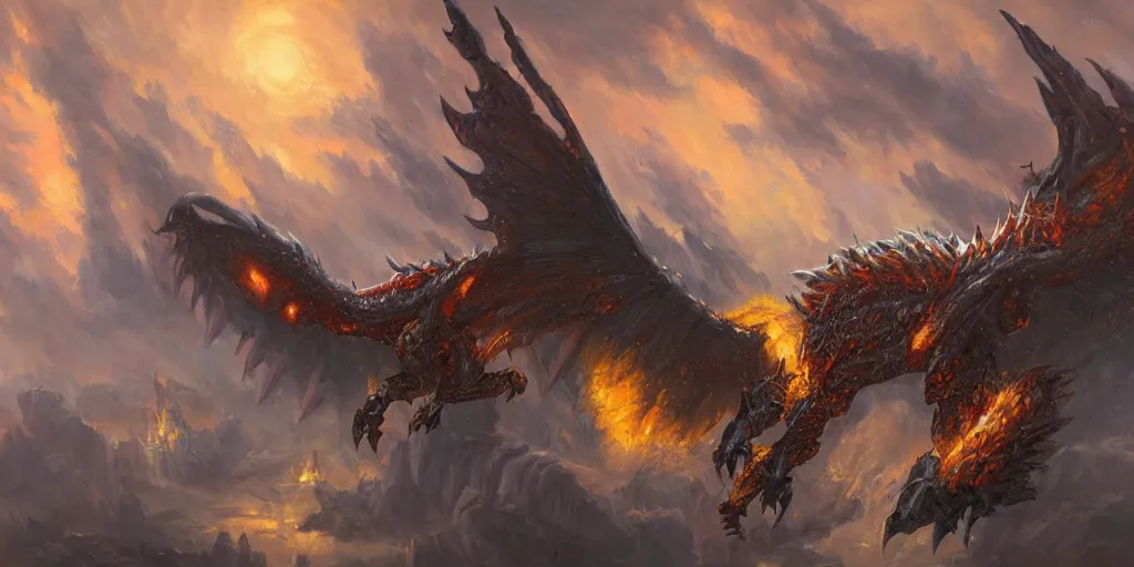 Image similar to oil painting of one deathwing dragon from world of warcraft flying down on earth by greg rutkowski, closed up view