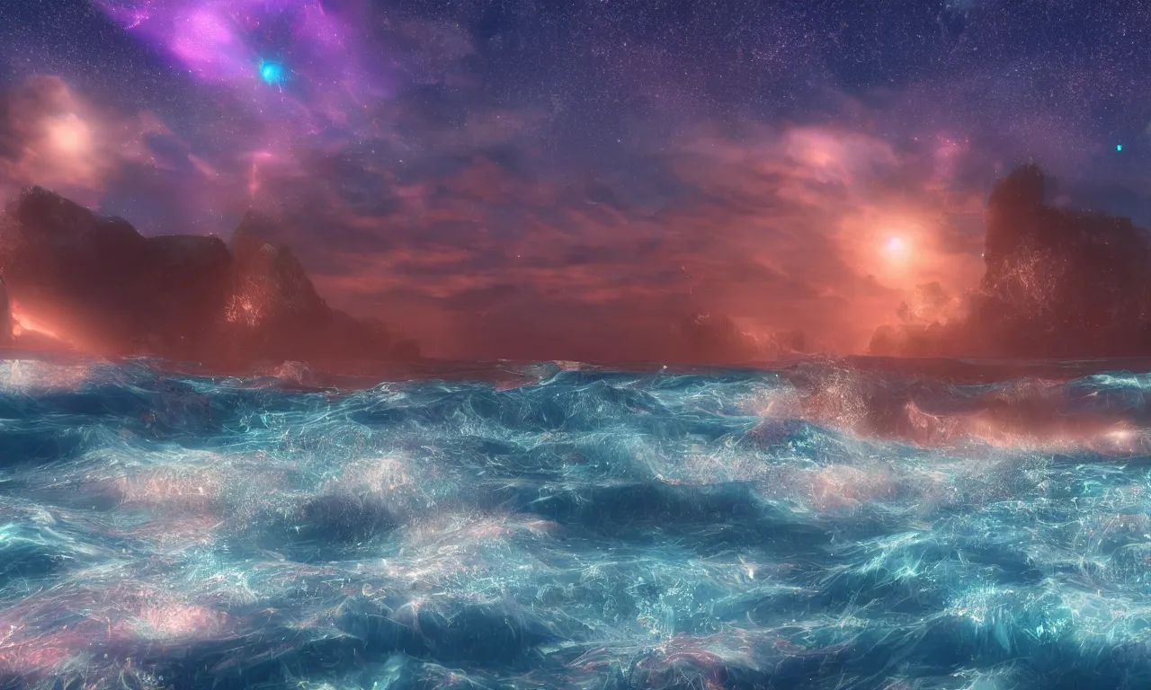 Prompt: star night at the beach waves crashing, ocean of energy, vibrant, photorealistic, hyper realistic, unreal engine 5 render, glowing particles