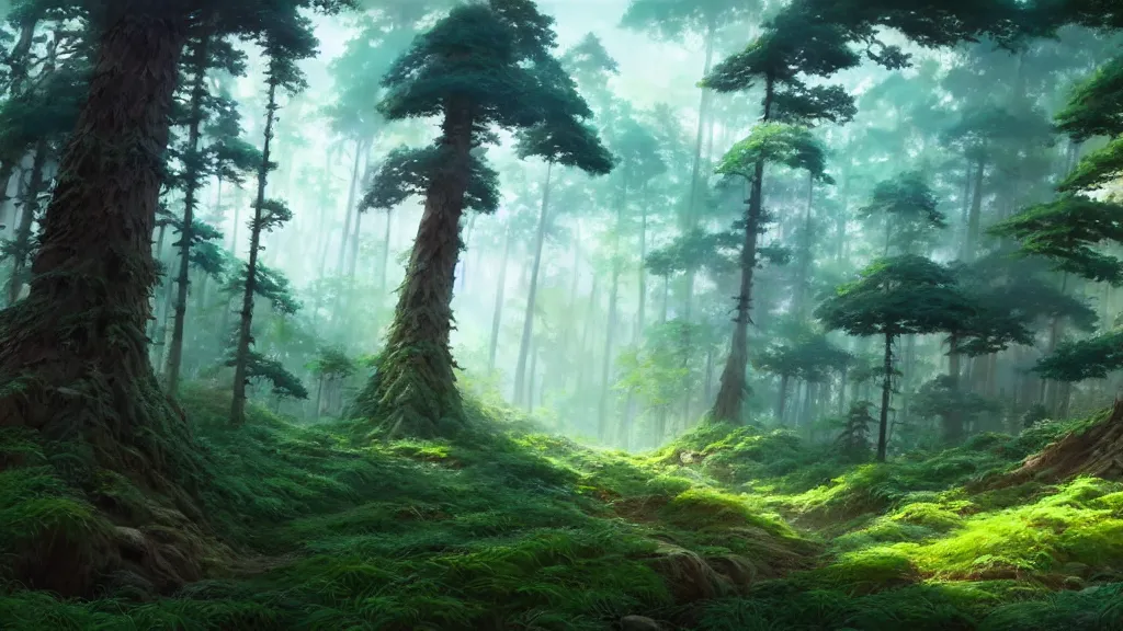 Image similar to forest clearing landscape, studio ghibli, pixar and disney animation, sharp, rendered in unreal engine 5, highly detailed, digital painting, artstation, concept art, smooth, sharp focus, illustration, wide angle, artbook, wallpaper, splash art, promo art, dramatic lighting, art by artgerm and greg rutkowski and bo chen and jin xiaodi