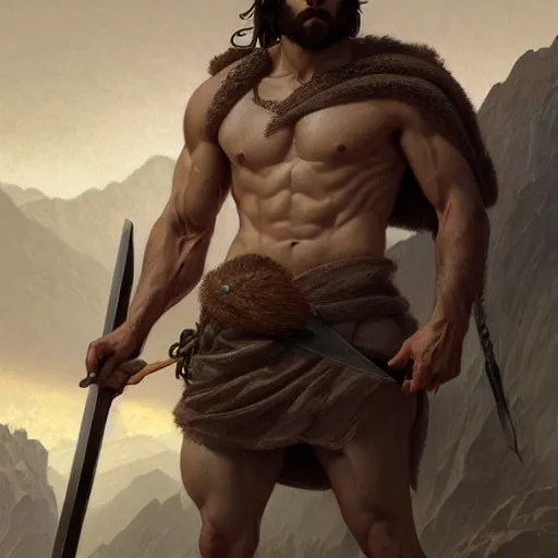 Image similar to portrait of a gruff ranger carrying the holy lance of longinus, Cain, muscular, hairy body, intricate, elegant, highly detailed, digital painting, artstation, concept art, matte, sharp focus, illustration, art by Artgerm and Greg Rutkowski and Alphonse Mucha