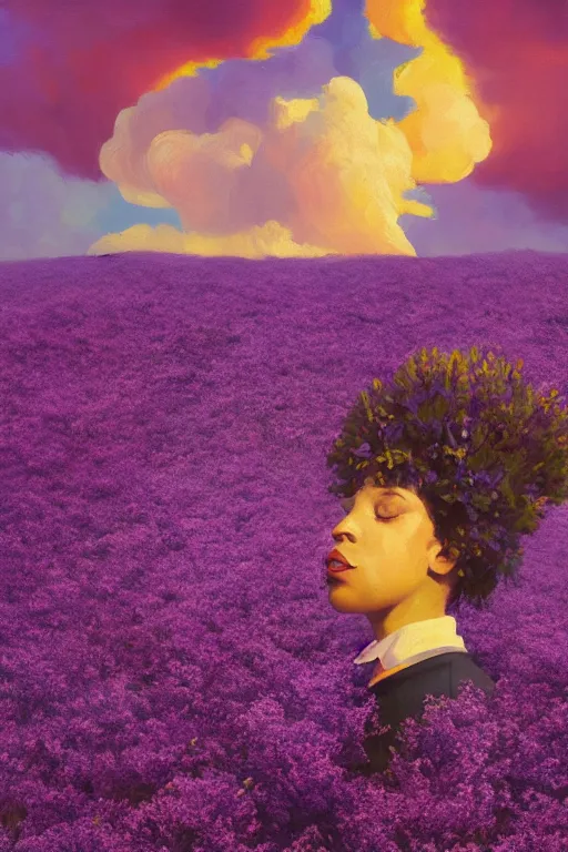 Prompt: portrait, giant lilac flower as head, black woman in heather field, surreal photography, golden hour, colorful clouds, impressionist painting, digital painting, artstation, simon stalenhag