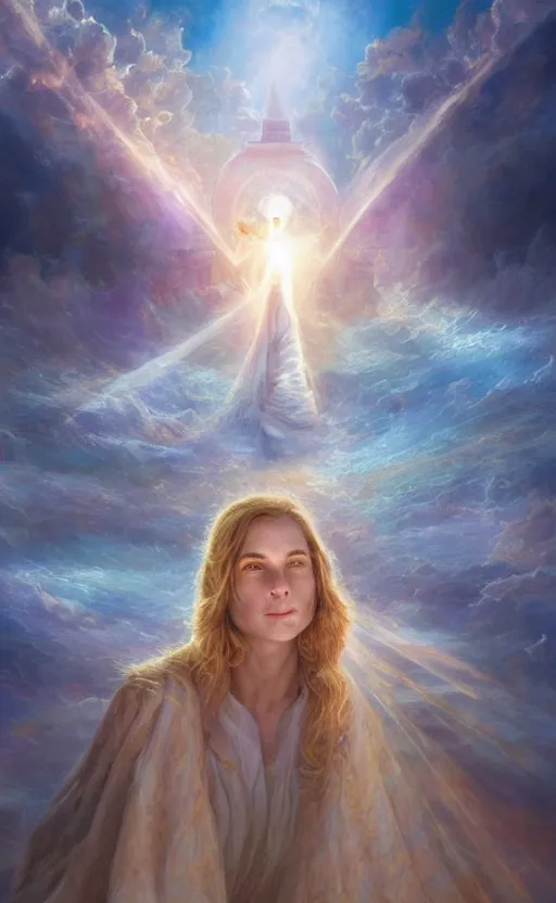 Image similar to crossing over the spiritual veil to heaven, sharp focus, intricate, elegant, digital painting, artstation, matte, highly detailed, concept art, illustration, volumetric lighting, gold and blue and pink color scheme, bokeh light, art by greg olsen, arnold friberg, and liz lemon swindle