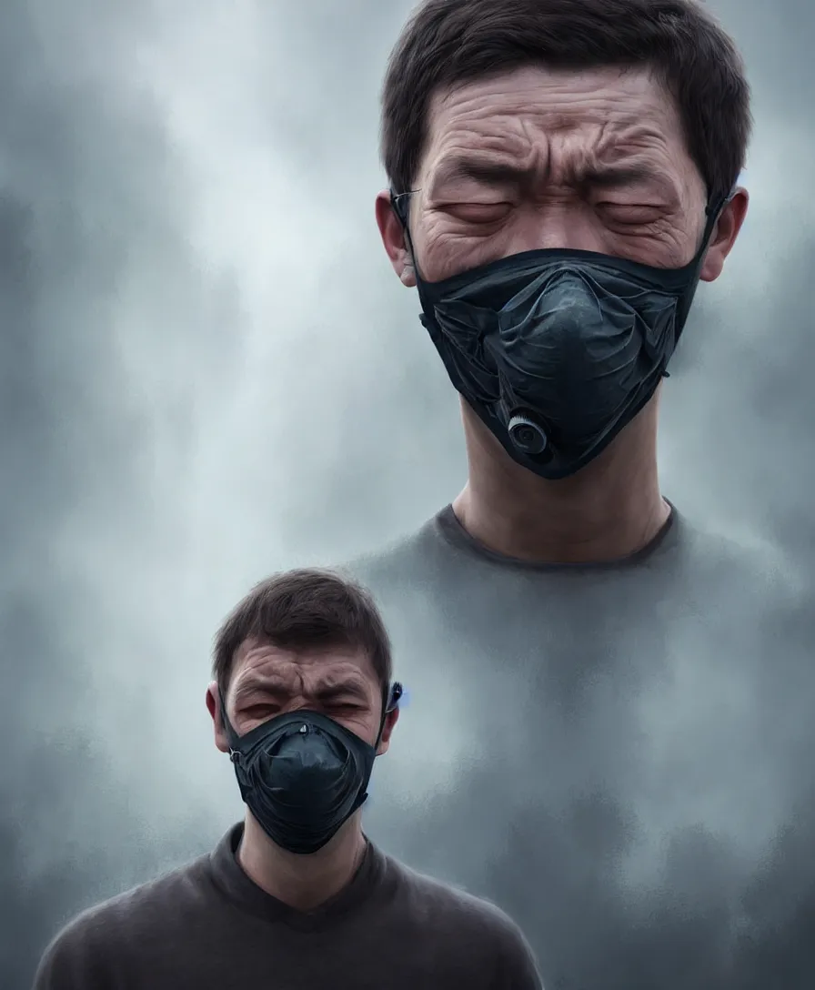 Prompt: detailed digital painting of man kind suffering due to high air pollution in future, people are wearing masks, wide angle shot, in the style of greg rutwoski, very hyper realistic, highly detailed, fantasy art station