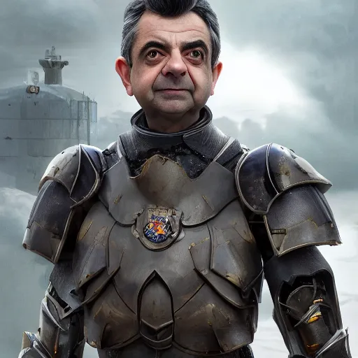 Prompt: photo of rowan atkinson in mandelorian armor, high res, realistic, high detail